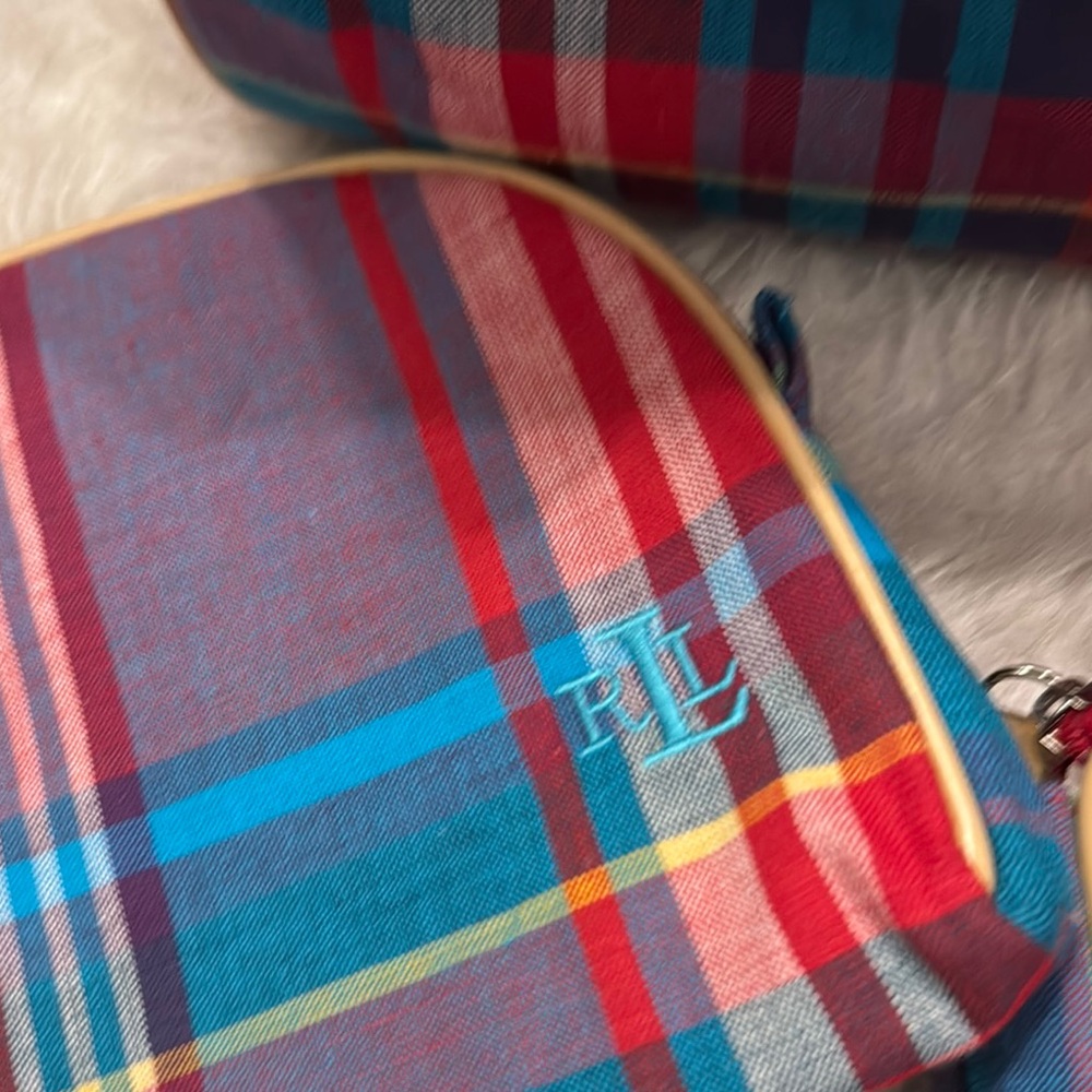 Y2K Ralph Lauren Colorful Plaid Travel Bag 3 Piece Set pre-owned. - Picture 7 of 11